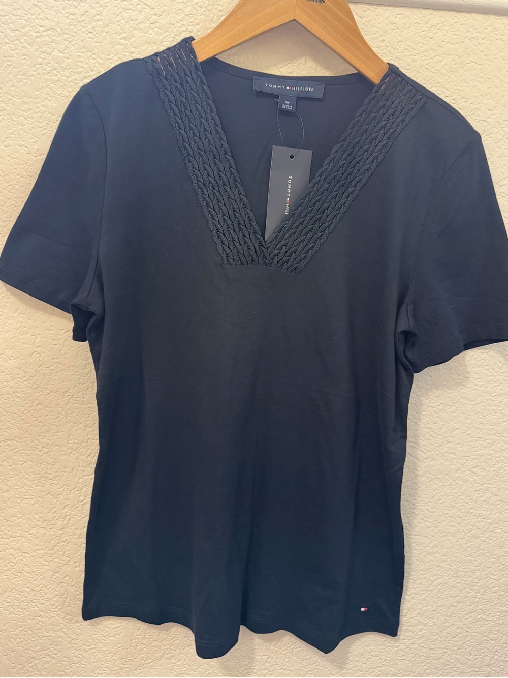 Tommy Hilfiger Navy Short-Sleeve V-Neck Tee with Braided Trim